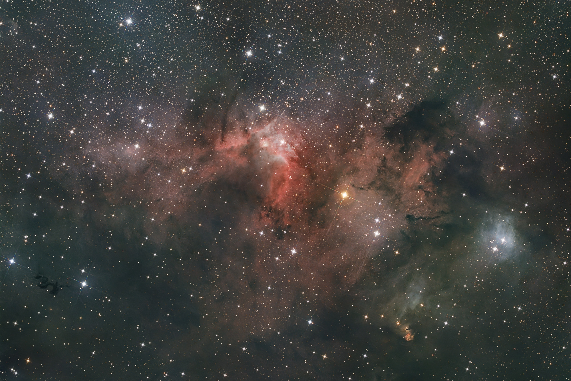The Cave Nebula Sh2-155 is an ionized H-II region of ongoing star-forming activity in the constellation Cepheus at an estimated distance of approximately 2,400 light-years from Earth.